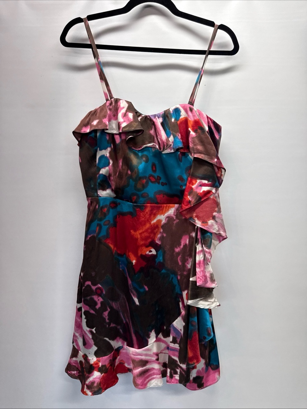 VTG Express 90s Y2K Strapless Ruffled Mini Sz 8 Silk Dress Prom Babydoll Belted